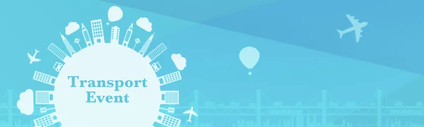 Blue banner featuring the words “Transport Event”, stylised city buildings, aeroplanes and a hot-air balloon